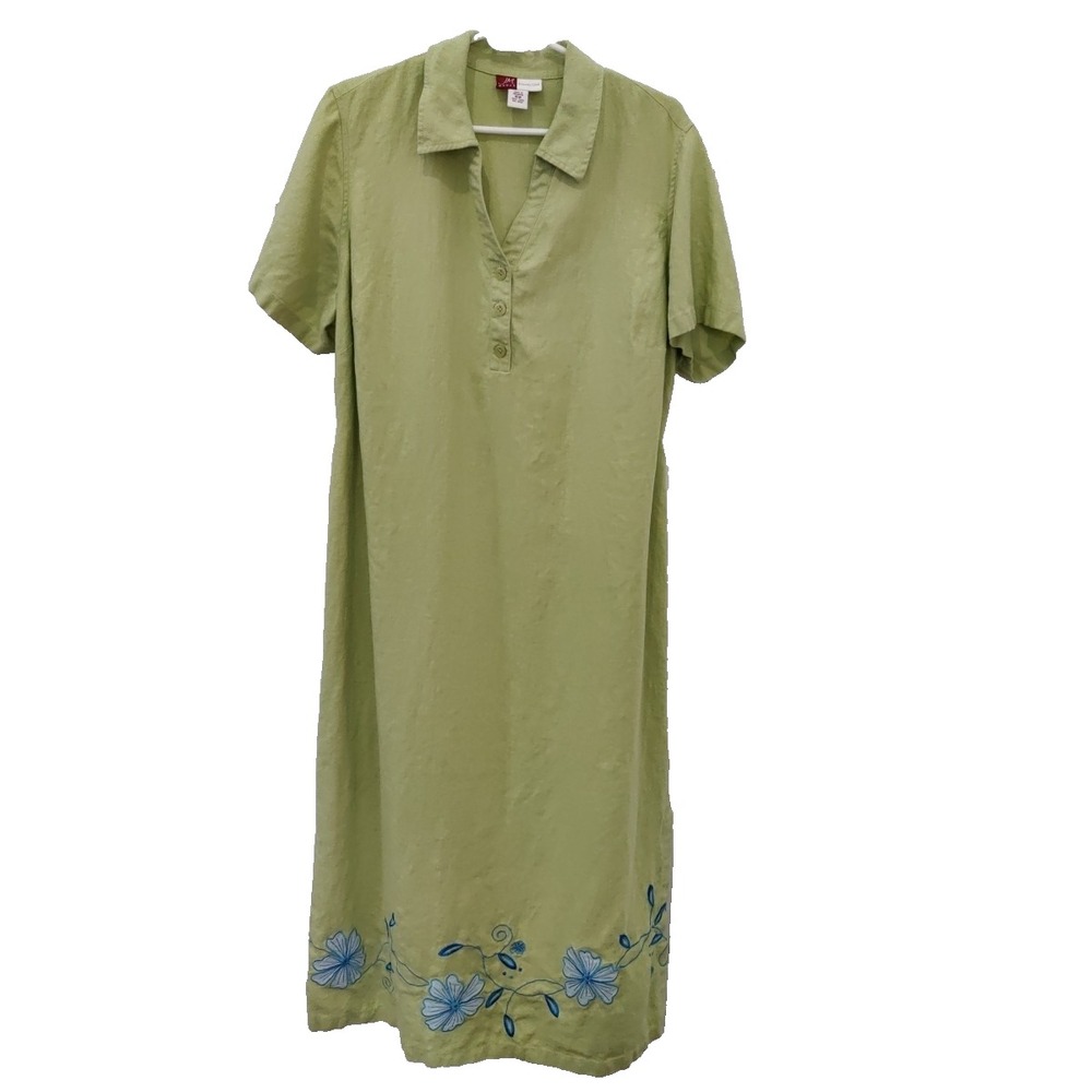 Womens Linen Maxi Dress Short Sleeve Green Floral Embroidery 16W Casual Resort